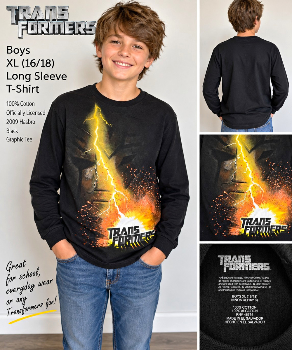 Transformers Boys XL 16/18 Long Sleeve Shirt Black 2009 Hasbro Graphic Tee